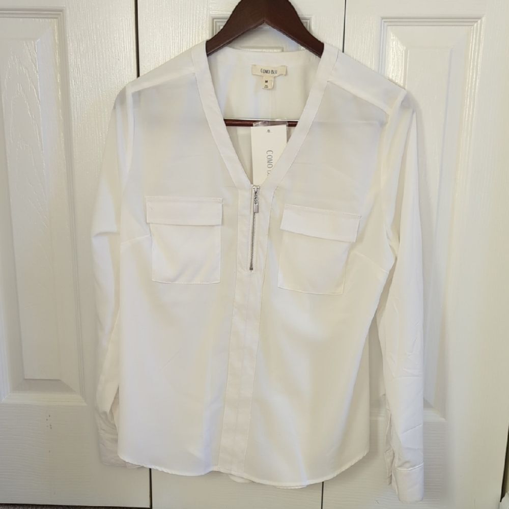 NWT White Blouse with Zipper Detail